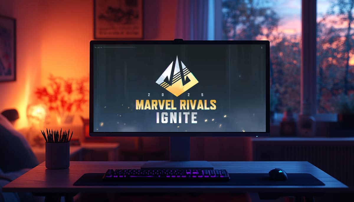 A desktop computer displays the logo "Marvel Rivals Ignite 2025" in a dimly lit room with warm, ambient lighting