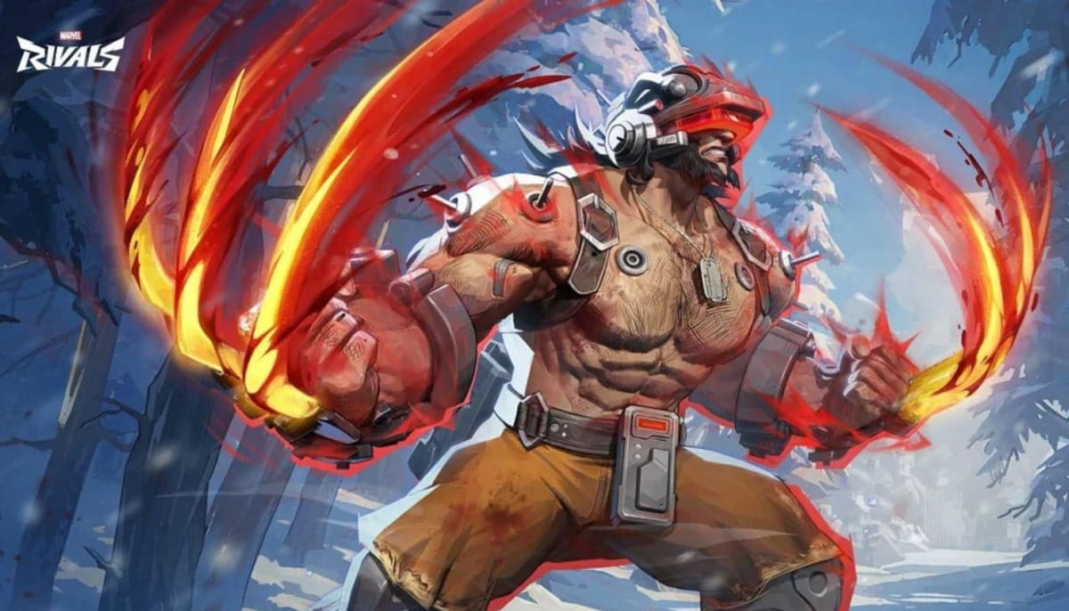Wolverine with flaming claws and a visor stands in a snowy forest, exuding strength and intensity. The scene conveys action and power