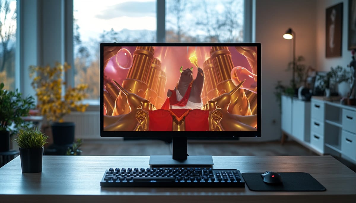 A desktop monitor in a modern home office displays ARURF LoL character