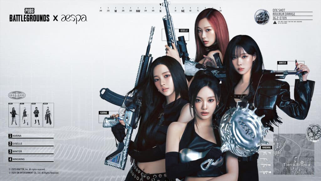 Image of Aespa posing with weapons from PUBG on a white and grey background. Members of the group are surrounded by elements from the PUBG UI