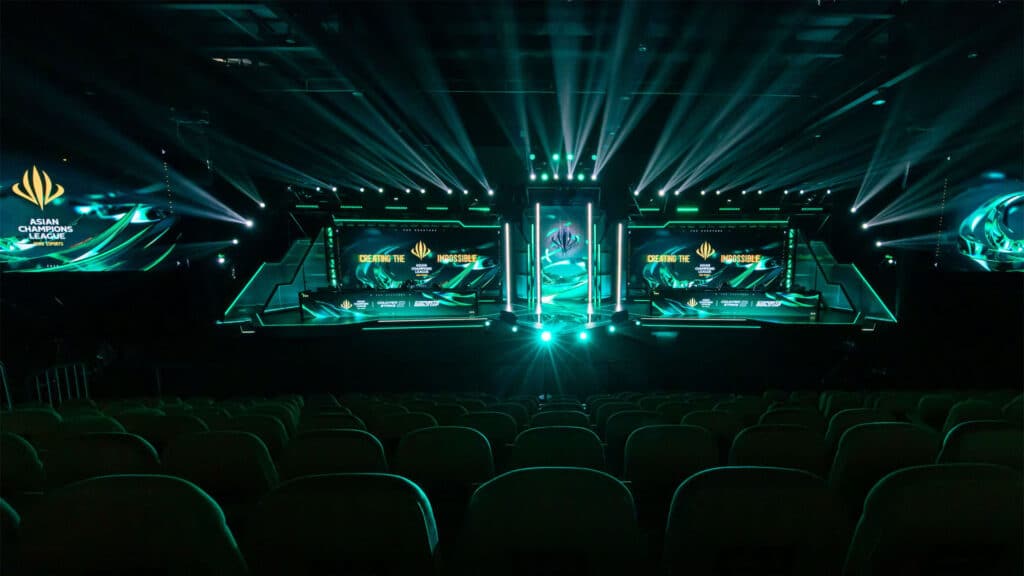 Image of Asian Champions League Counter-Strike 2 stage illuminated with green lighting