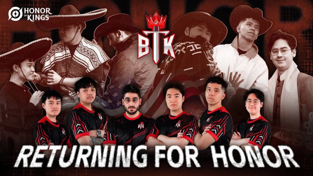 Image of BTK players wearing jerseys while posing. The red background is BTK players wearing Western outfits
