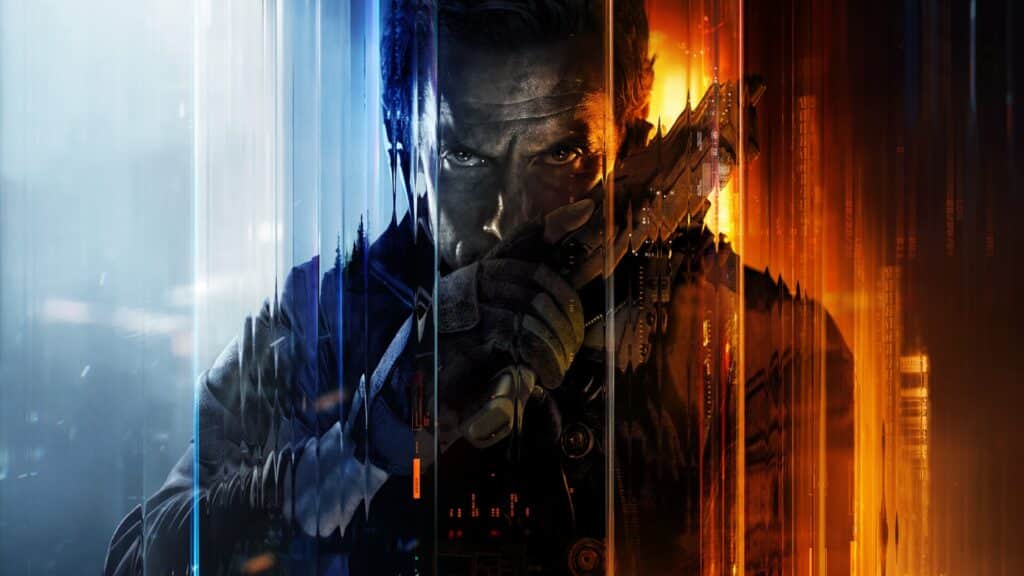 Image of David Mason from Call of Duty Black Ops 7 holding a pistol close to face. The background is a spectrum of colour starting with red and orange before turning to blue and white