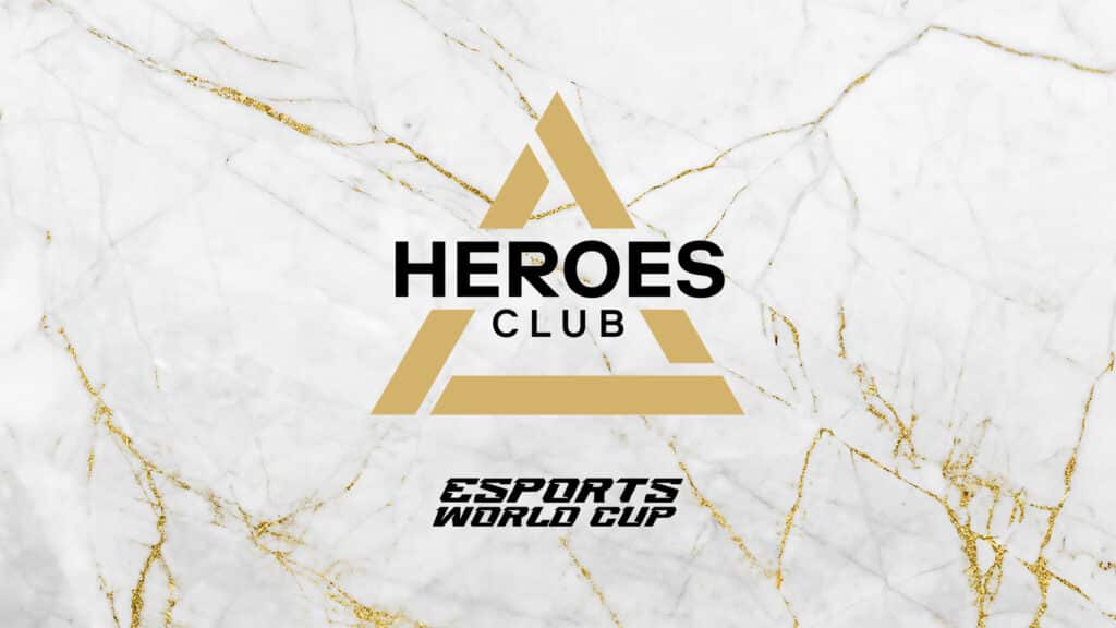 Image of Esports World Cup Heroes Club logo above the Esports World Cup logo on a white and gold background