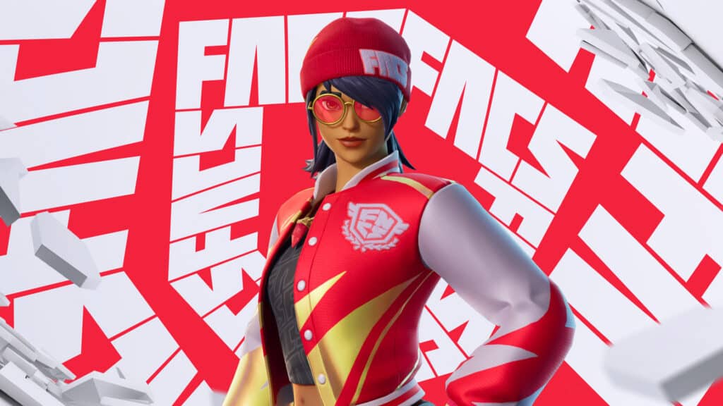 Image of Fortnite character wearing red and gold FNCS skin on a red and white background