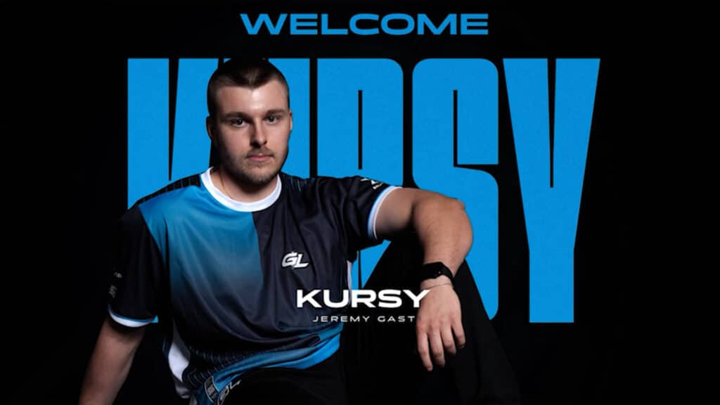 Image of Counter-Strike player Kursy wearing GamerLegion jersey posing. Blue text displaying his in-game name is in the background