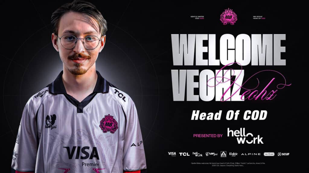 Image of Veohz wearing Gentle Mates jersey on a black background. On the right of Veohz is white and pink text.