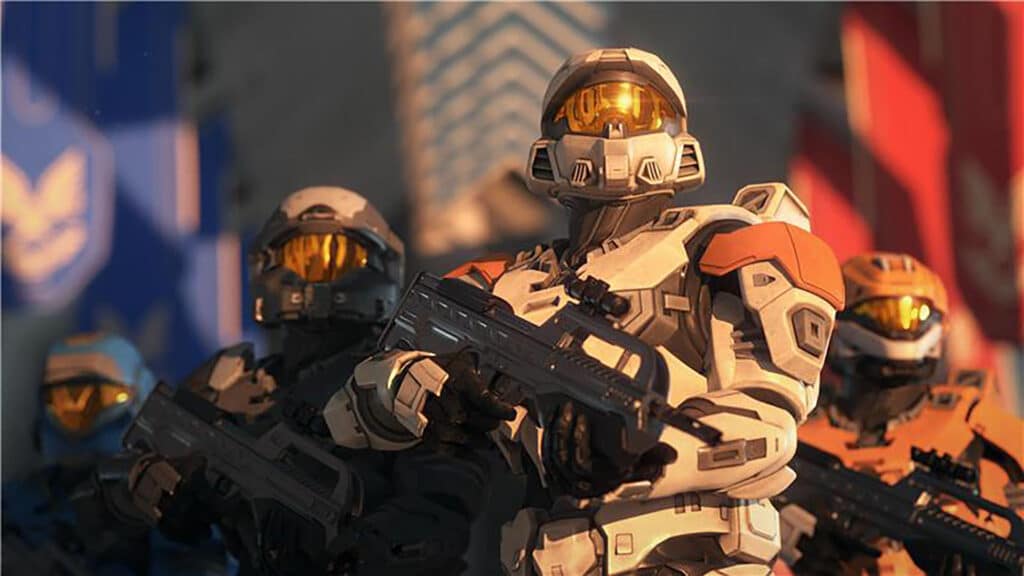 Image of Halo spartans posing while holding battle rifles. Blue and red banners are in the background