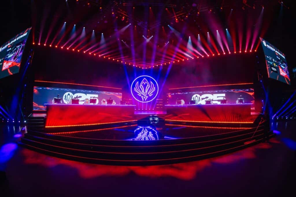 Image of 2025 MSI stage lit by red and blue lighting