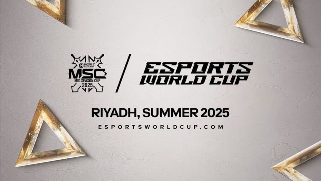 Image of MLBB Mid-Season Cup and Esports World Cup logos on a white and gold background