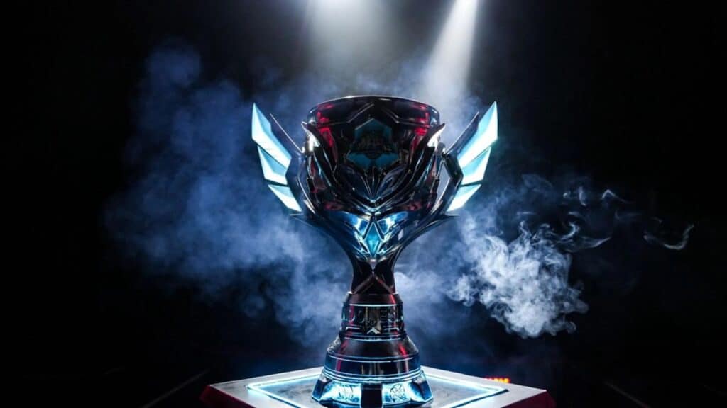 Image of Mobile Legends MPL Indonesia trophy on a platform. Smoke fills a dark background illuminated by lights from above.