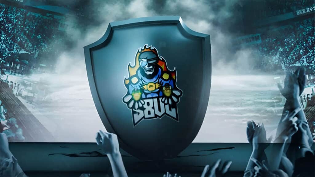 Image of S8UL Esports logo on a shield surrounded by waving arms of fans in the foreground