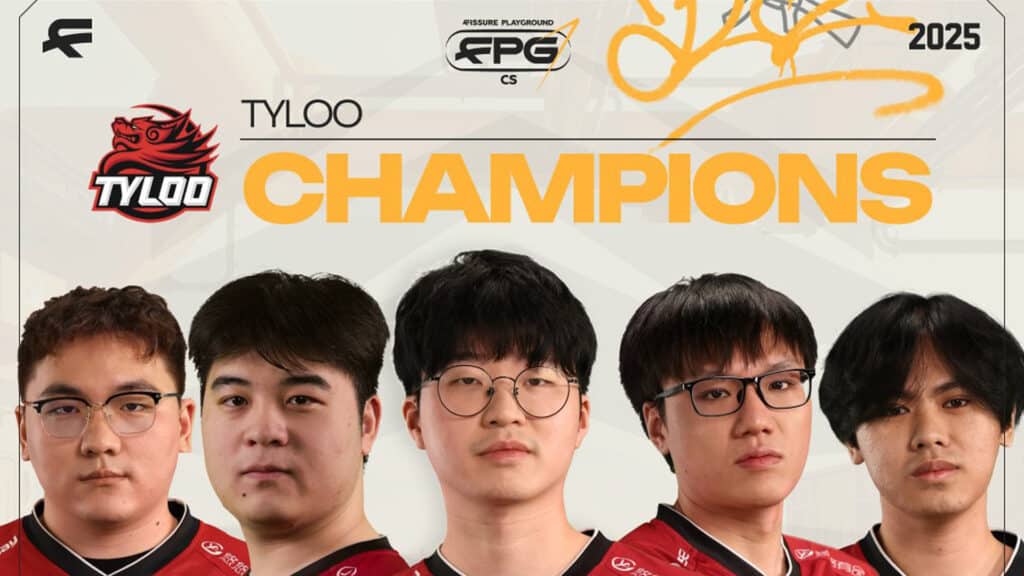 Image of TYLOO Counter-Strike team on a white background. Above the team is golden text, the team logo, and the logo of FISSURE Playground.