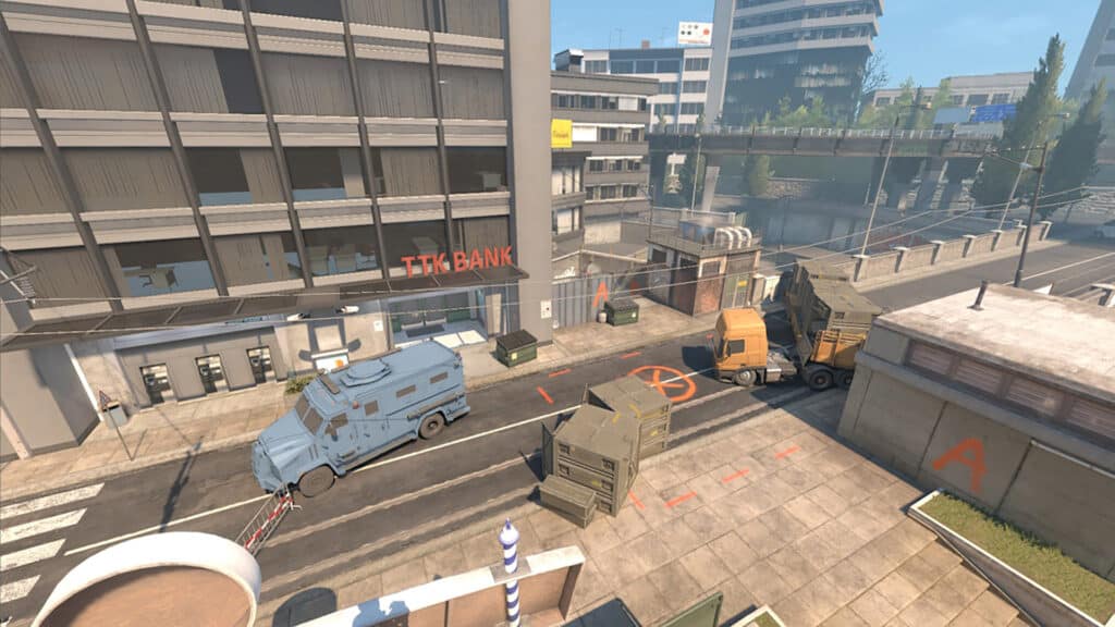 Image of Counter-Strike 2 map Overpass with buildings and blue sky in background