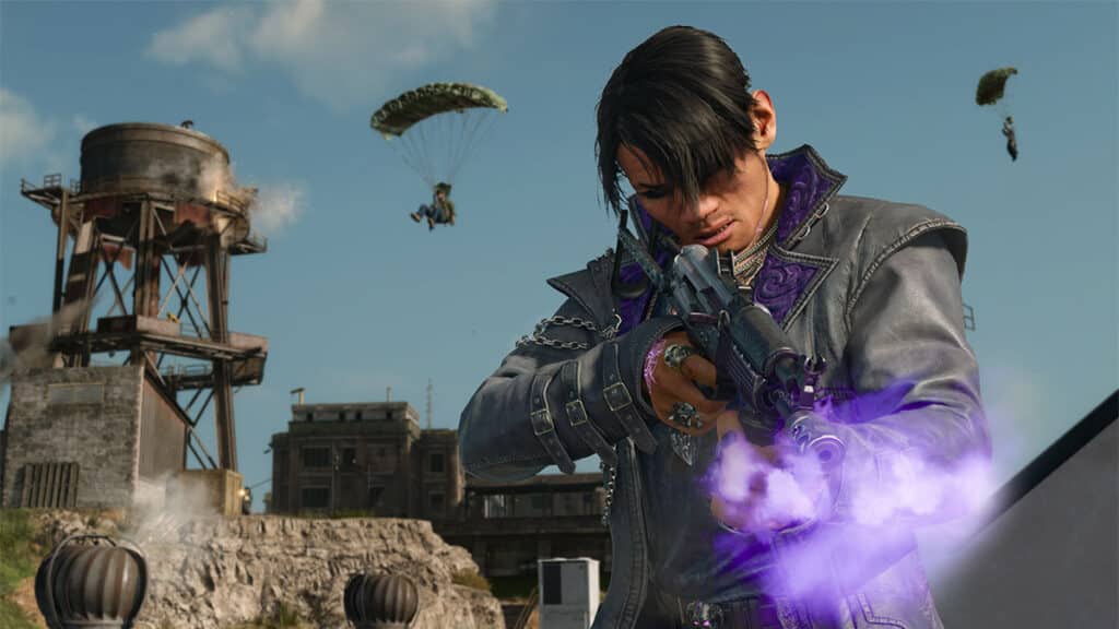 Image of Call of Duty: Warzone player firing weapon with purple smoke coming from the barrel. Players flying through the sky using parachutes are in the background