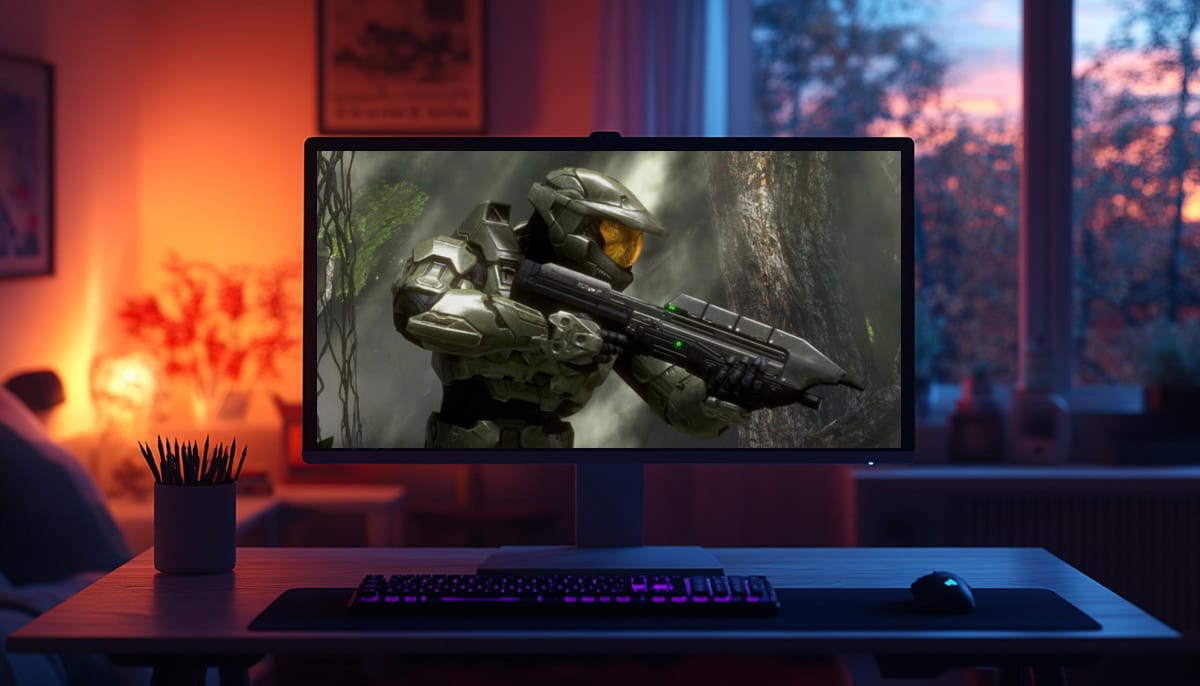 A gaming setup displays a futuristic soldier on the screen. The room is softly lit with a warm glow