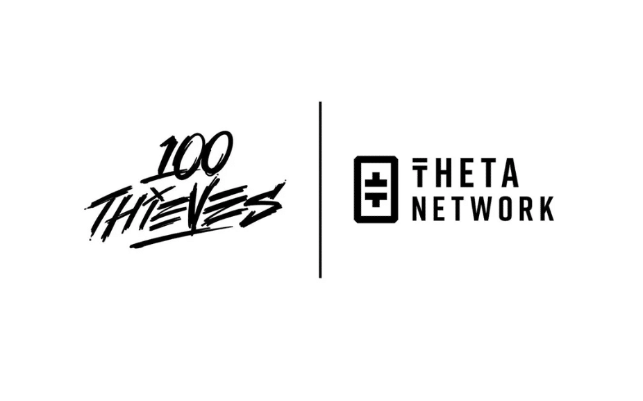 100 Thieves and theta Network collaboration announcement graphic featuring company logos