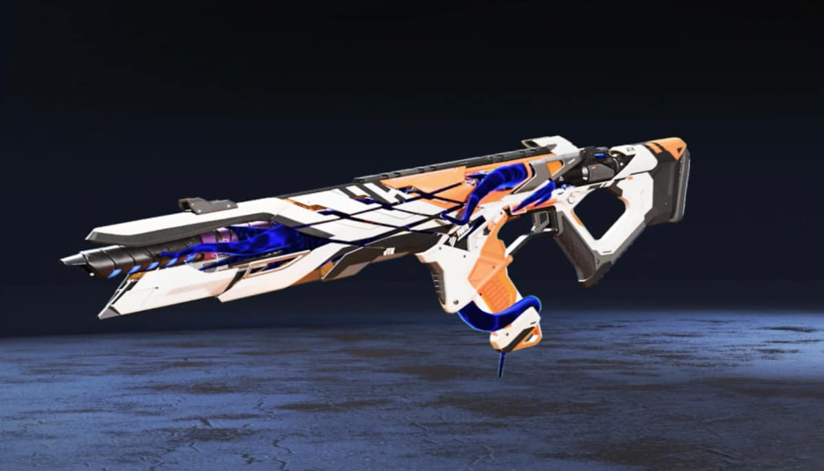 Futuristic sci-fi rifle with sleek white, orange, and blue design, featuring angular lines and glowing blue sections