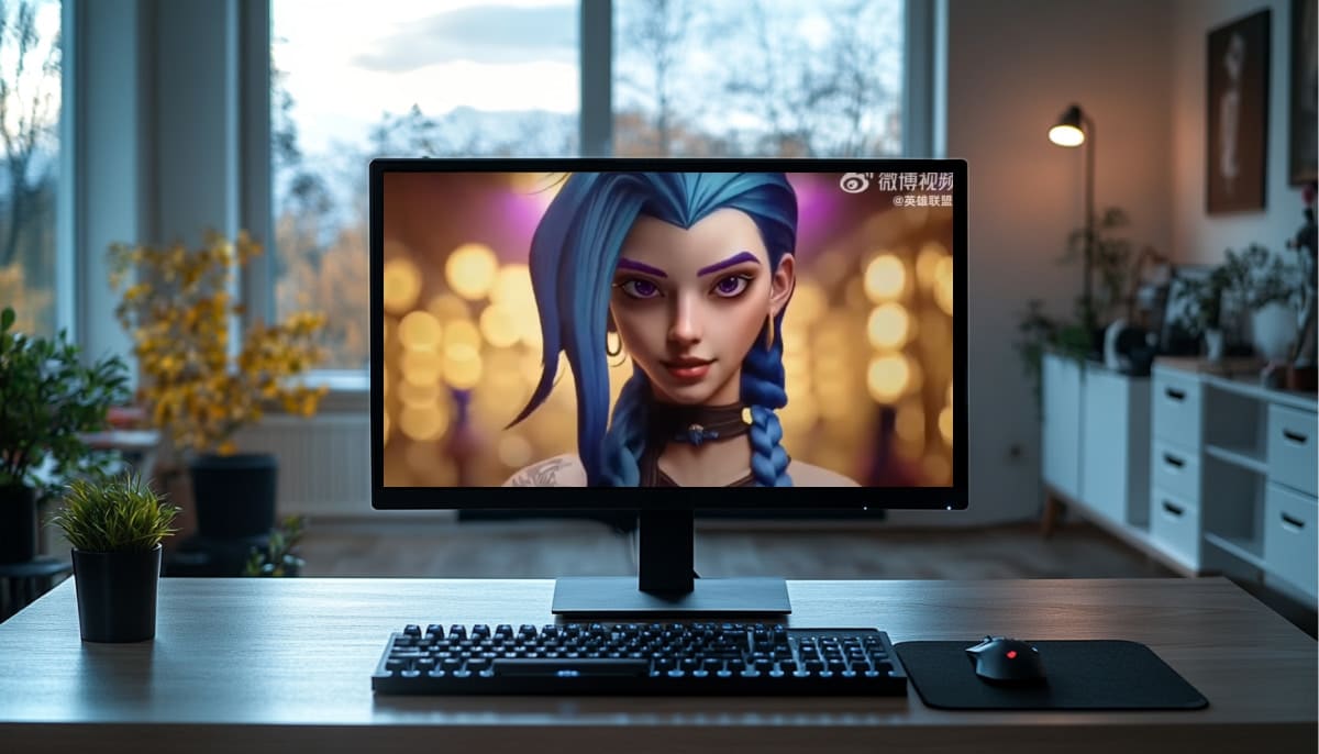 A computer screen in a cozy, dimly lit room shows Jinx