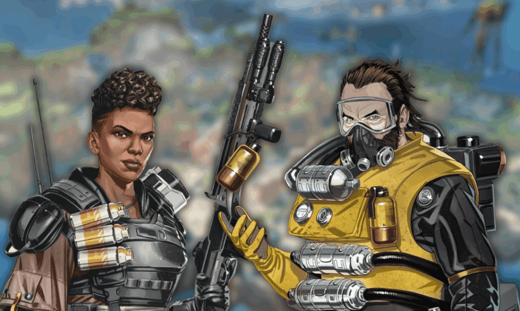 Apex Legends characters Caustic and Bangalore key art