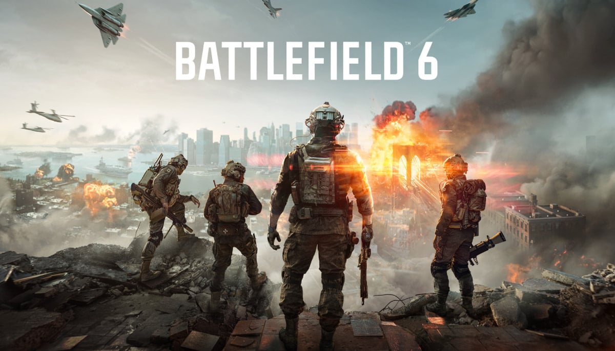 Four soldiers stand on a ruined cityscape amidst explosions and smoke. Jets fly overhead, and a distant city burns. Bold text reads "Battlefield 6."