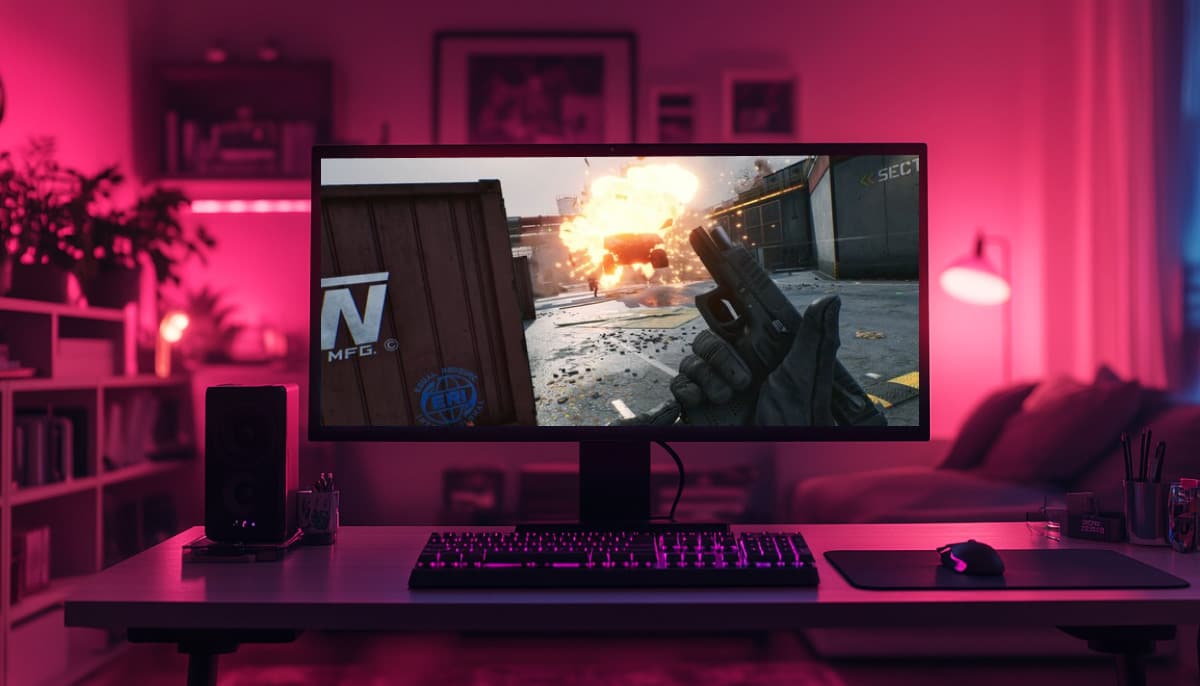 Gaming setup with a monitor displaying an intense action scene in Delta Force, RGB keyboard and mouse, and a cozy room with pink lighting