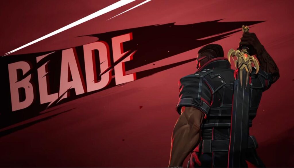 A muscular character in dark attire holds a large, ornate sword, with the word "BLADE" in bold letters against a red background.
