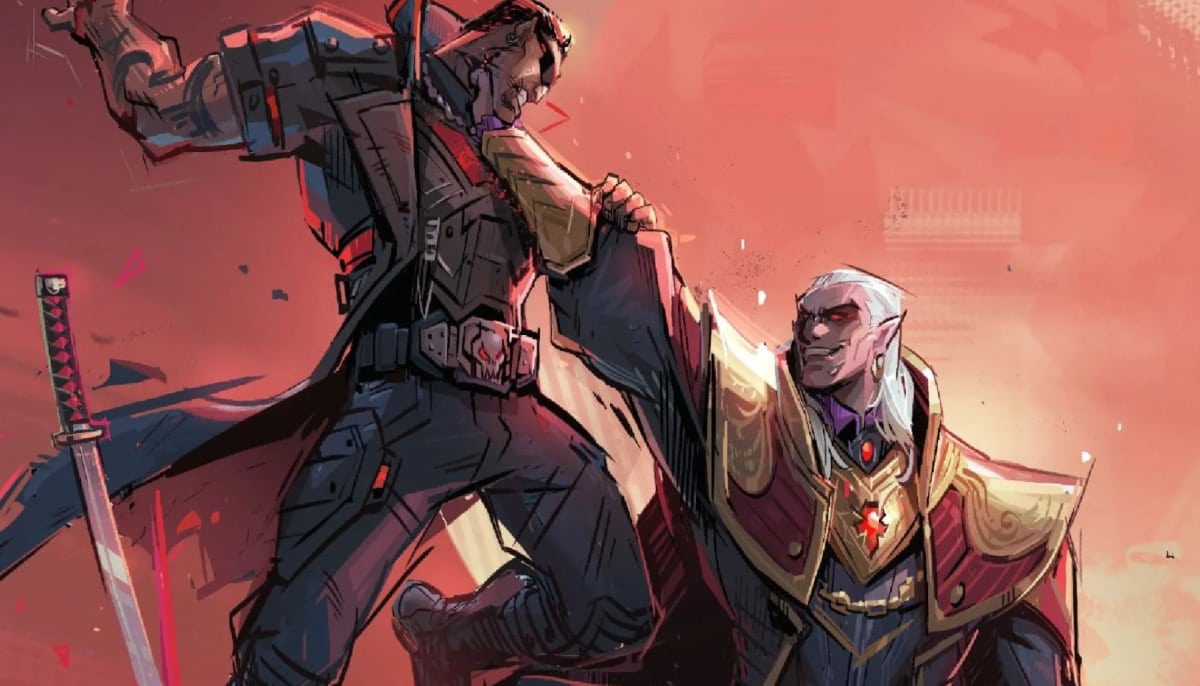 Two characters in dynamic combat. One, dressed in dark tactical gear, leaps with a sword, while the other, in regal armor, counters with a stern expression