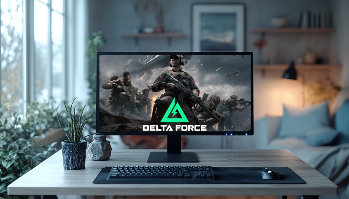 A computer monitor on a desk in a cozy room displays a "Delta Force" game scene with action-packed soldiers