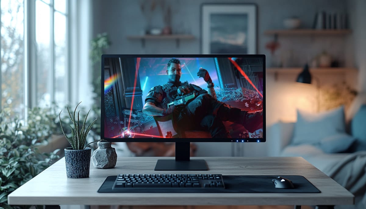Modern home office setup with a desktop computer displaying Denari in a dynamic pose