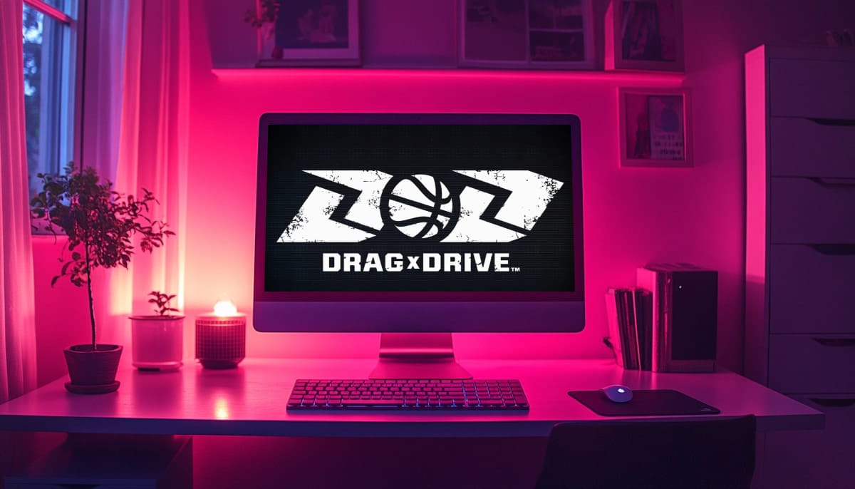 A computer on a desk displays a logo with the text "Drag x Drive" and a basketbal