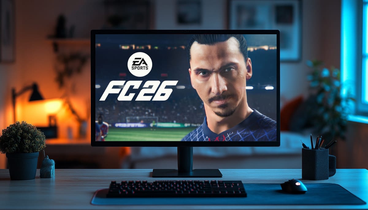 Monitor displaying a video game titled "EA Sports FC 26" with a close-up of a soccer player