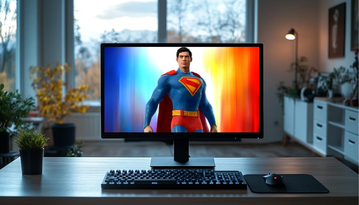 Superman appears on a computer screen, set on a desk with a keyboard and mouse