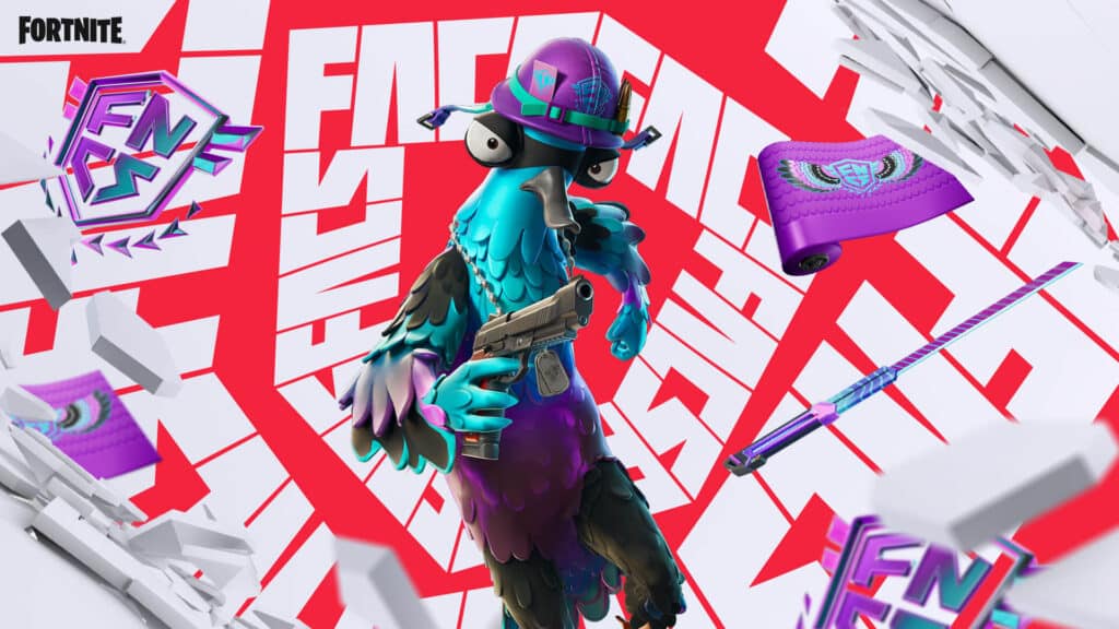 Fortnite FNCS 2025 skin bundle including pickaxe, weapon skin, character skin and FNCS logo