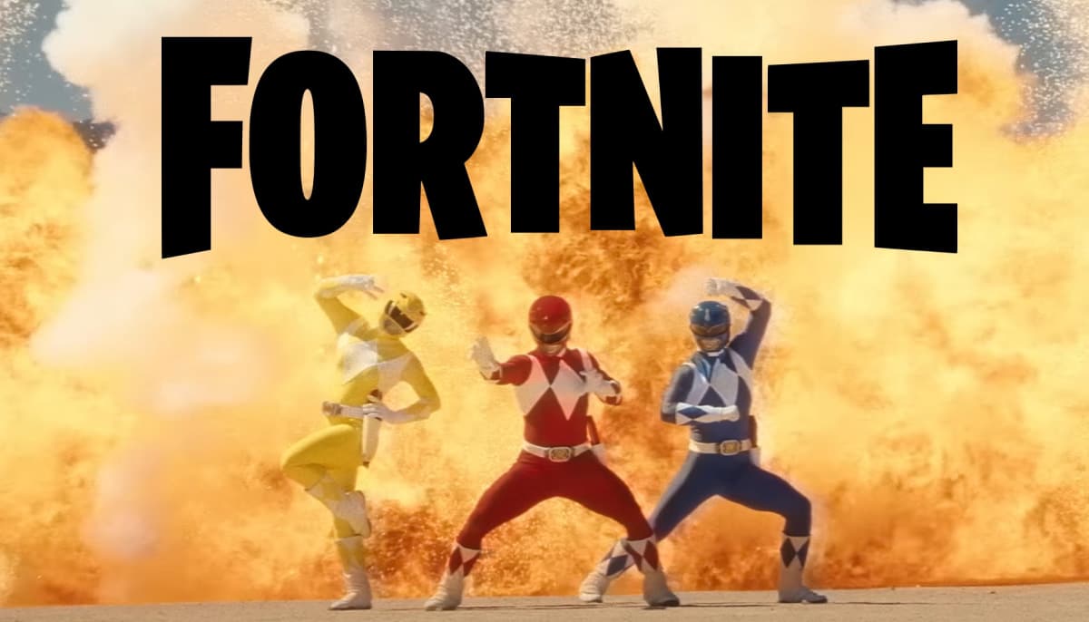 Three colorful superheroes strike dynamic poses in front of a fiery explosion, with the word "Fortnite" boldly overlaid above