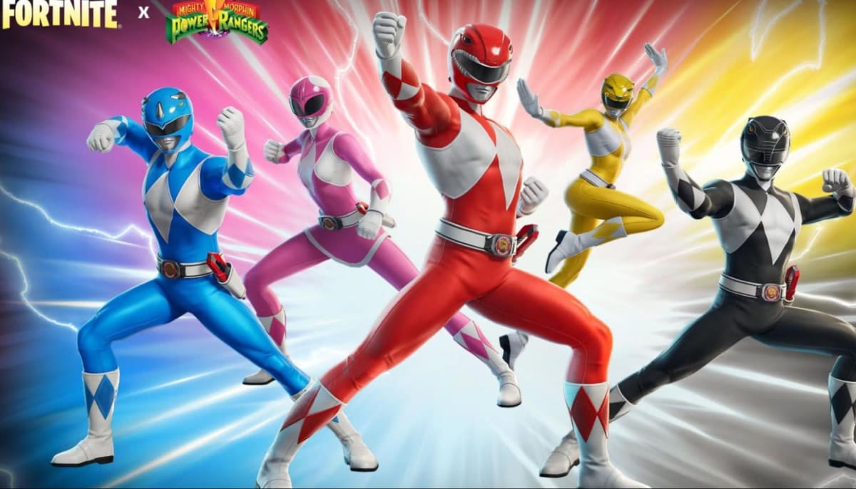Power Rangers in colorful suits strike dynamic poses against a burst background. Includes blue, pink, red, yellow, and black Rangers