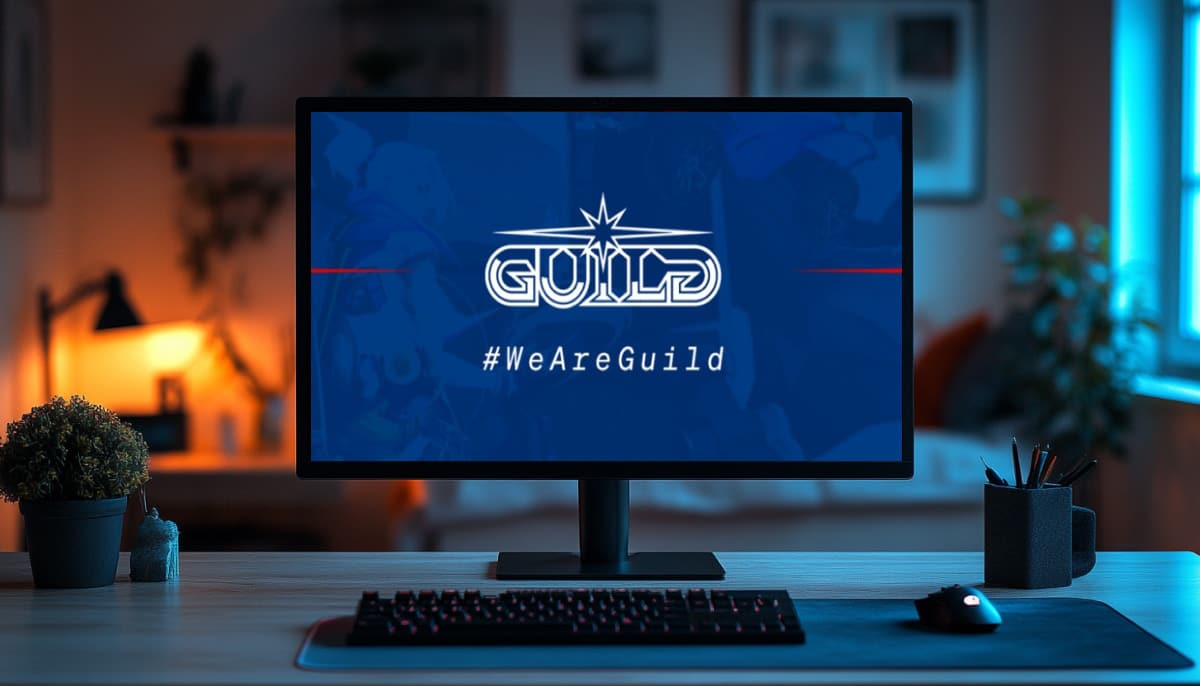 A computer monitor displaying the "Guild" logo and hashtag "#WeAreGuild" on a blue background