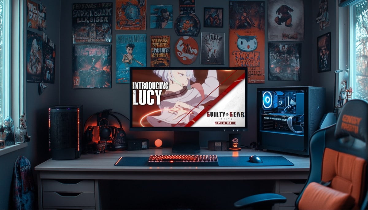 A dimly lit gaming setup features a central monitor displaying an anime character with the text "Introducing Lucy" from "Guilty Gear"