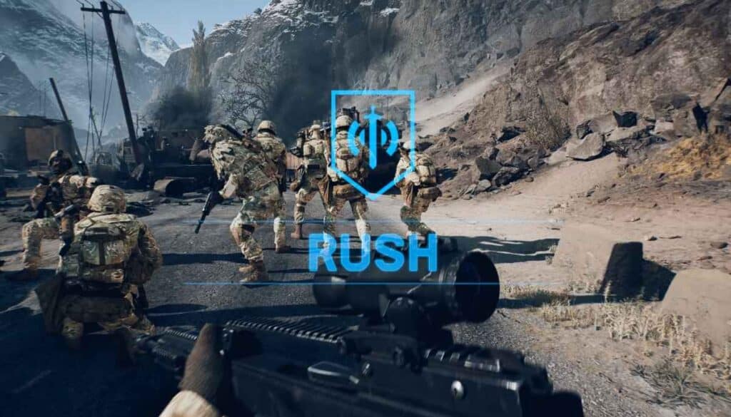 A squad of soldiers advances in a military setting with weapons drawn, featuring a "RUSH" logo overlay against a mountainous backdrop.