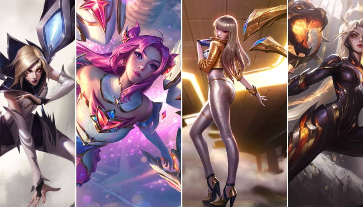 A split image featuring four stylized Kai'Sa's skins from League of Legends