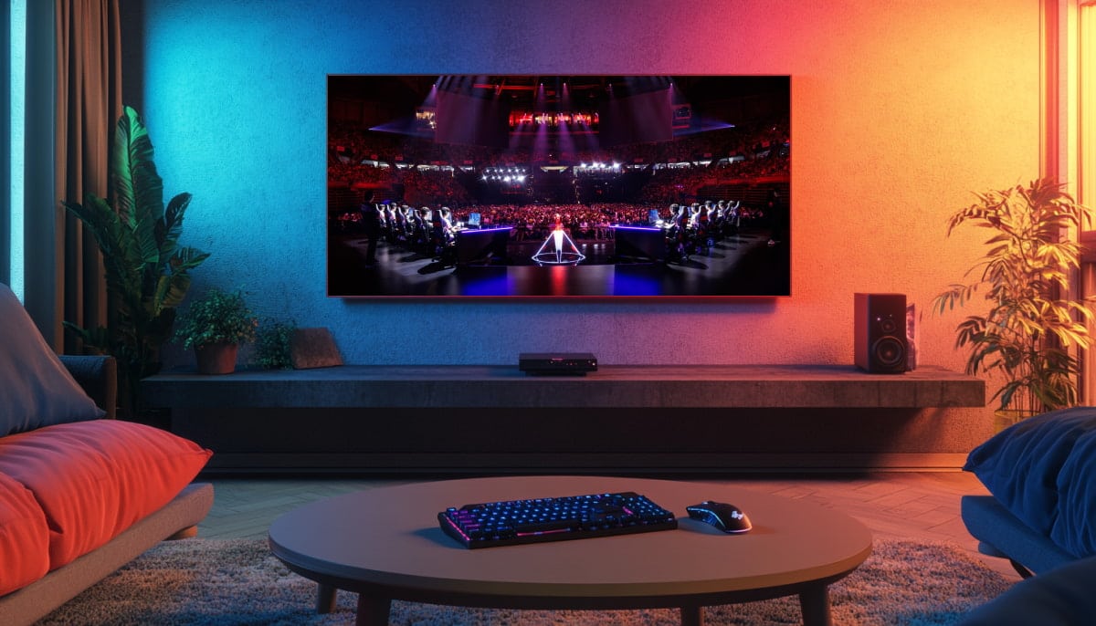 A modern living room features a large TV displaying an esports event, with ambient blue and orange lighting