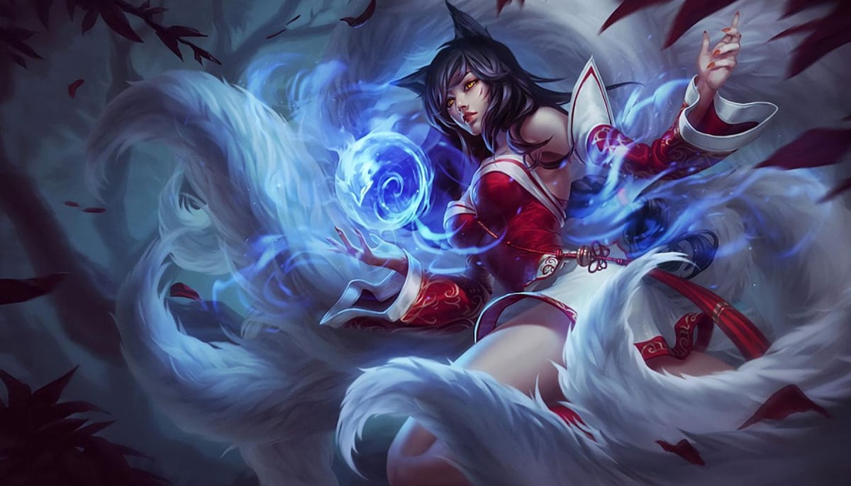 Ahri with fox ears and nine tails, wearing a red outfit, conjures a glowing blue orb in a dark, enchanted forest