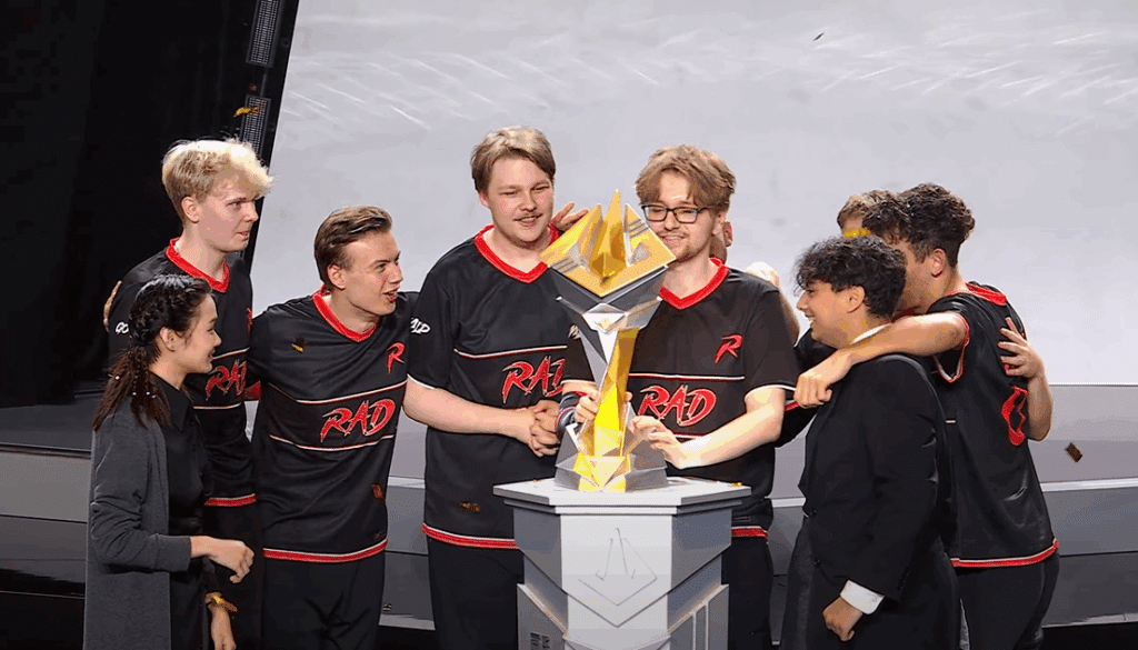 Marvel Rivals Ignite Mid Season Finals Rad EU hoisting trophy after Grand Finals