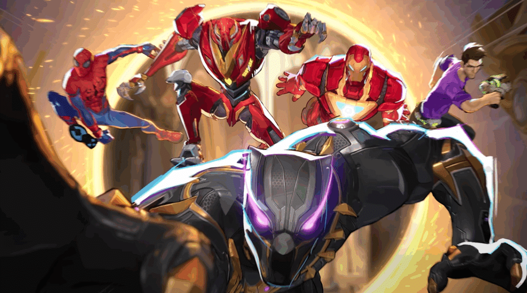 Marvel Rivals characters Peni Parker, Spider-Man, Iron Man, Hulk, and Black panther
