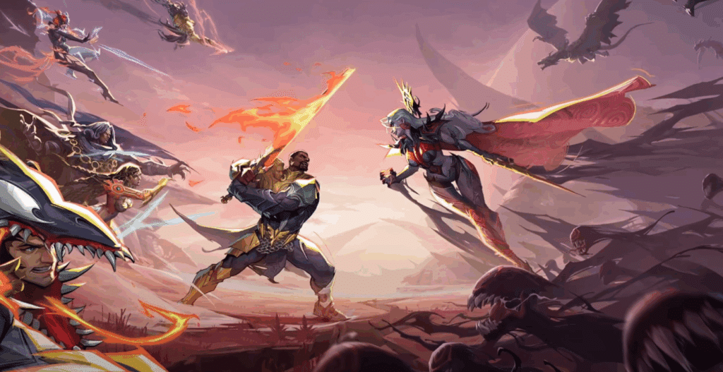 Marvel Rivals Season 3 Throne of Knull in-game cutscene featuring Hela and Blade fighting