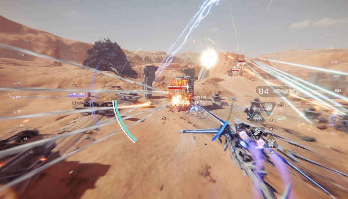 A futuristic battle scene in MECHA Breaks in a desert with mechs, explosions, and HUD elements
