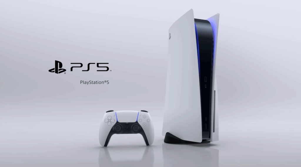 PlayStation 5 console and controller hardware display with PS5 logo