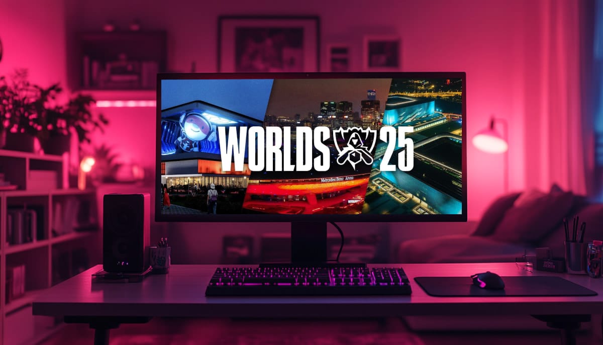 A computer monitor displays "Worlds 25" with a collage of cityscapes. The room is bathed in pink and purple lighting