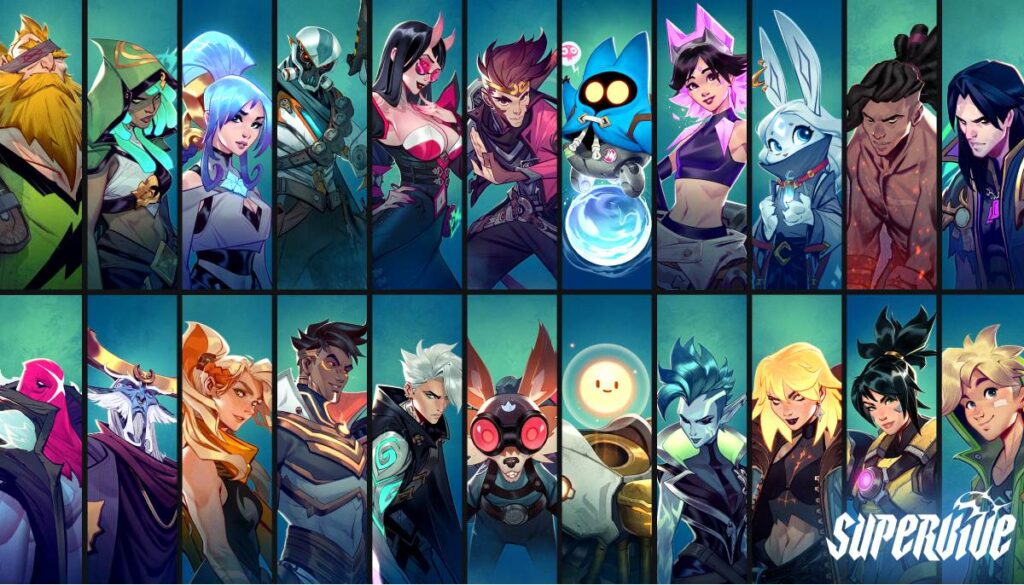 A vibrant, colorful collage of diverse fantasy Supervive characters, showcasing various outfits and unique features.