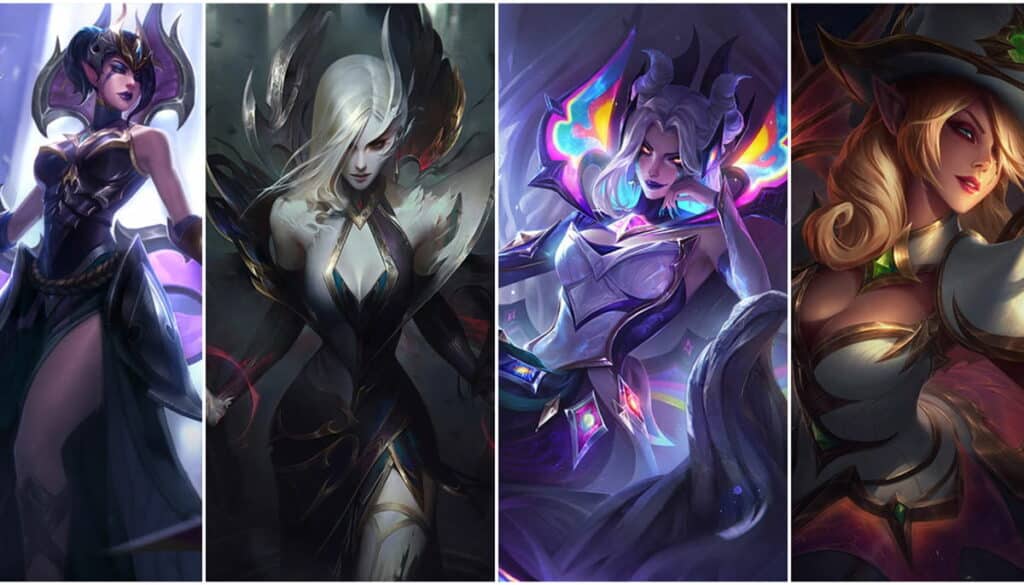 League of Legends Morgana skins collage featuring Victorious, Coven, Star Nemesis and Prestige Bewitching